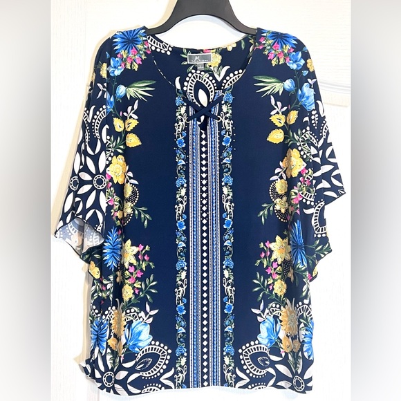 JM Collection Navy Mixed Print Flutter Short Sleeve Women’s Top L - Picture 3 of 10